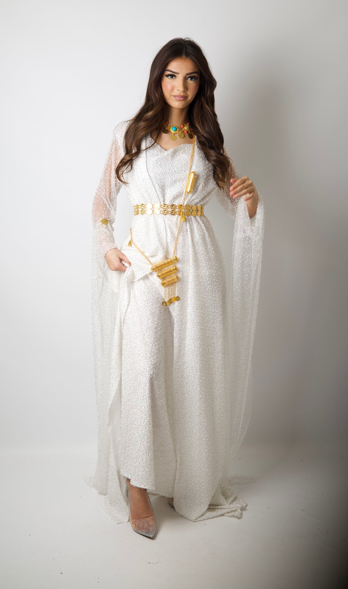 White pearls Luxury Kurdish Dress for Bride