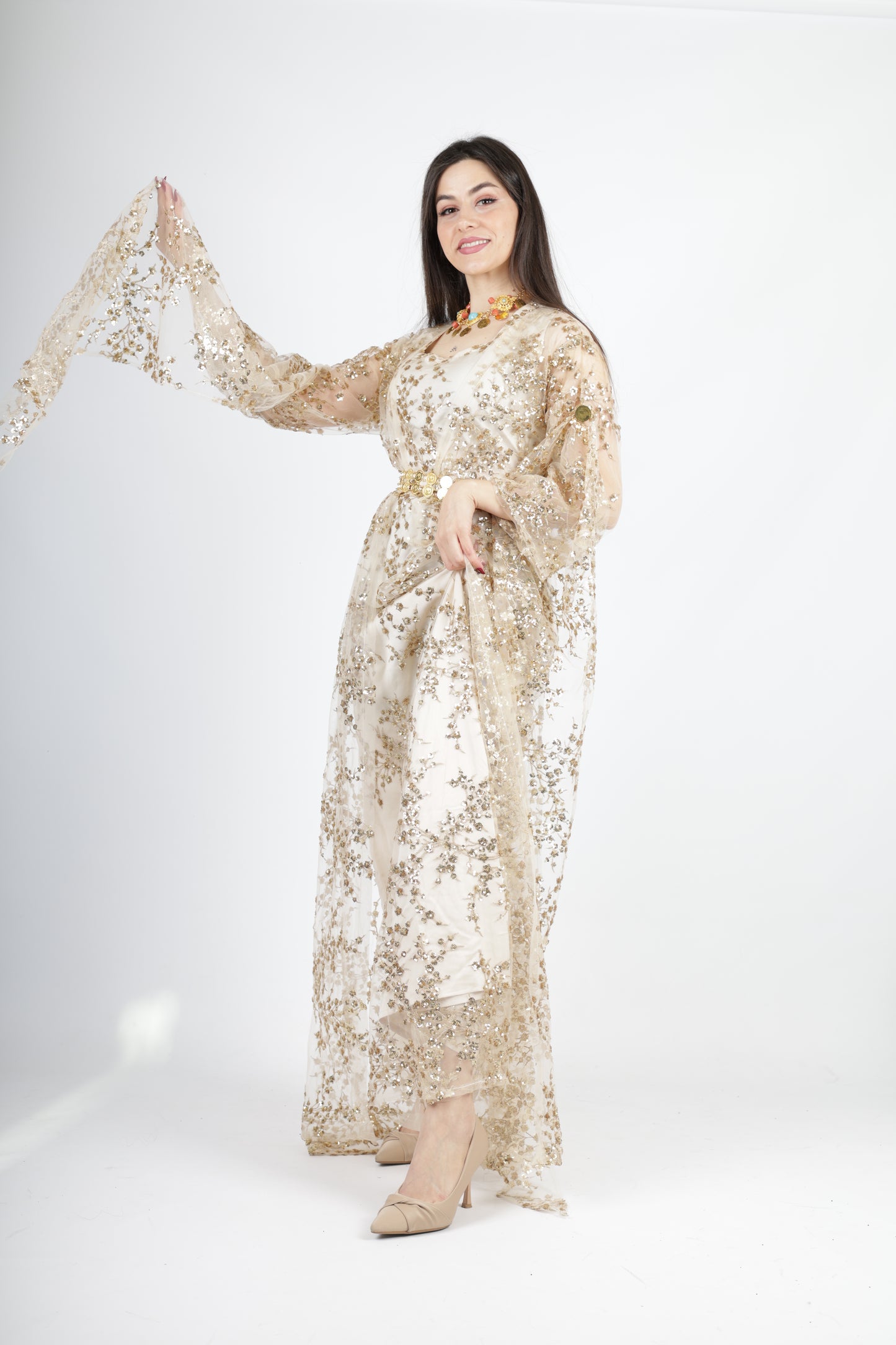 Shkofa Collection – Gold Sequin Embroidered Kras & Kawa Set