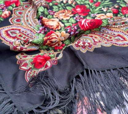 Classic Black Floral Scarf | 110x110 cm | Luxurious Soft Touch with Tassels