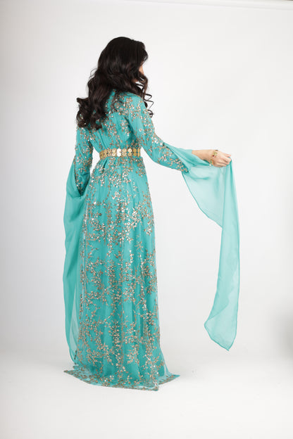 Shkofe Turquoise Gold – Traditional Kurdish Dress with Golden Embroidery 3 items ( kawa , kras, underwear)