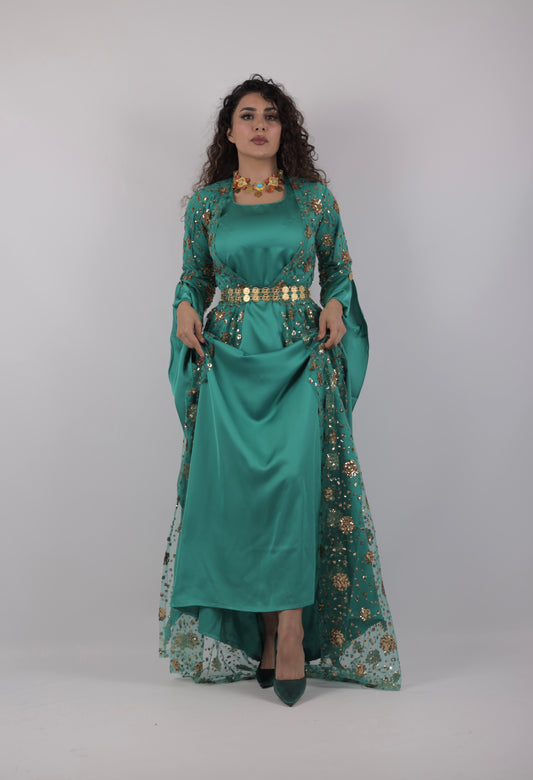 Chro Collection –Badini Model Green Kurdish Dress with Golden Flowers (Badini Model, Celebrity Style) 2 items