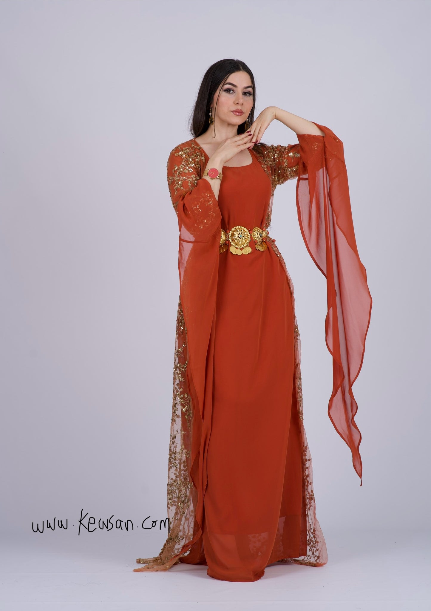 Shkofa – Elegant Kurdish Dress with Golden Sequins Embroidery