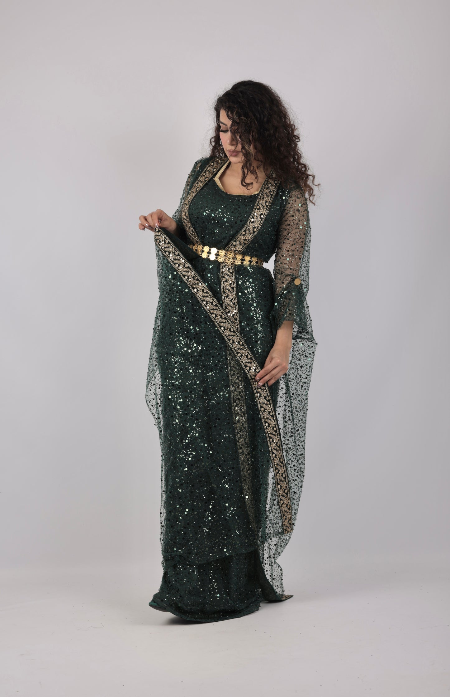🌿 Dark Green Kurdish Kawa Dress with Embroidery (Includes Kras & Underdress
