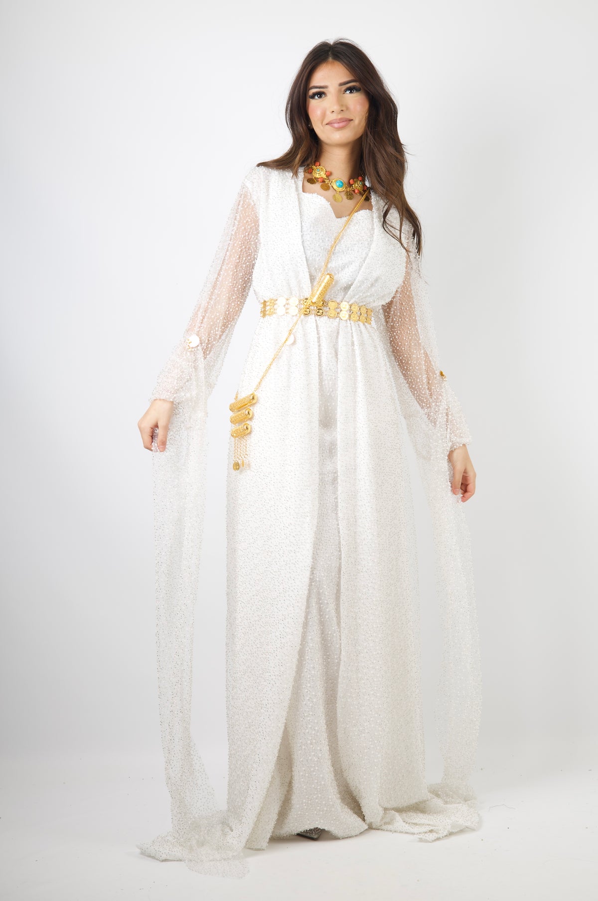 White pearls Luxury Kurdish Dress for Bride