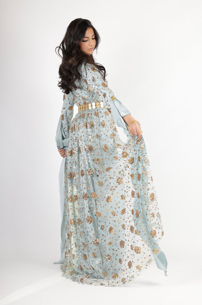 Chro Collection Badini Model – Blue Kurdish Dress with Golden Flowers (2-Piece Set)