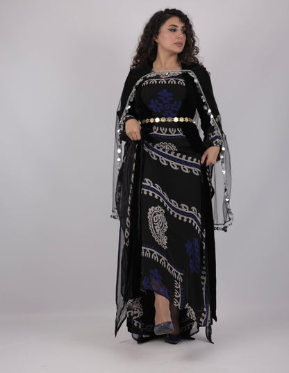 Golwanî, Hawrî Kiras & carbon blue  with kawa Velvet – Traditional Kurdish 4 Piece Dress