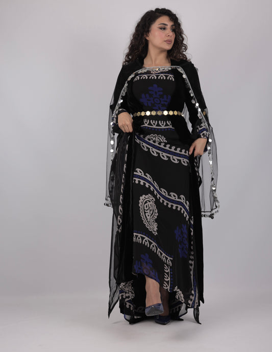 Golwanî, Hawrî Kiras & carbon blue  with kawa Velvet – Traditional Kurdish 4 Piece Dress