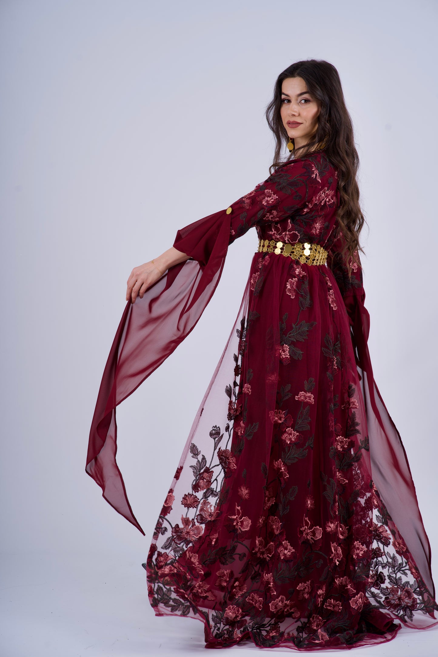 Badini KurdishDress– Burgundy with Dark Green Flowers