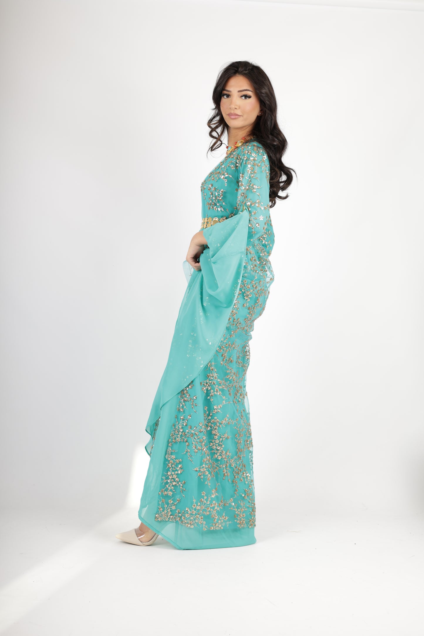 Shkofe Turquoise Gold – Traditional Kurdish Dress with Golden Embroidery 3 items ( kawa , kras, underwear)