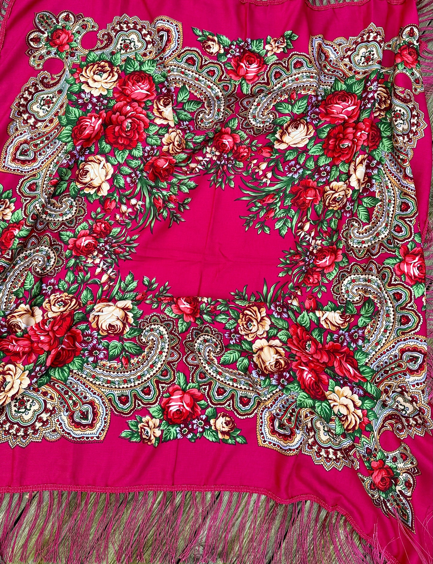 Hot Pink Floral Scarf | 110x110 cm | Luxurious Soft Touch with Tassels