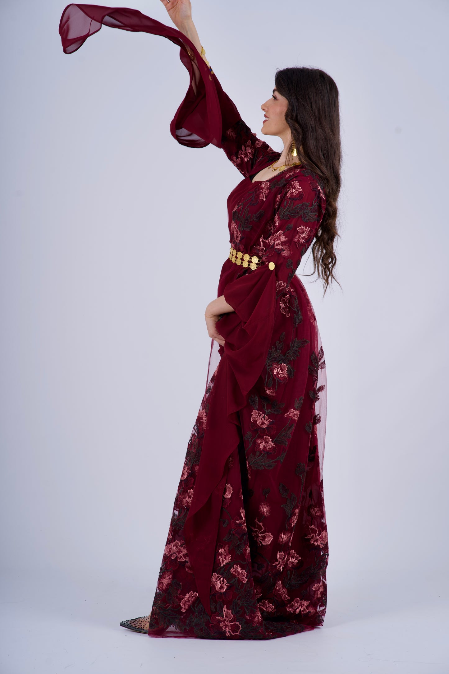 Badini KurdishDress– Burgundy with Dark Green Flowers