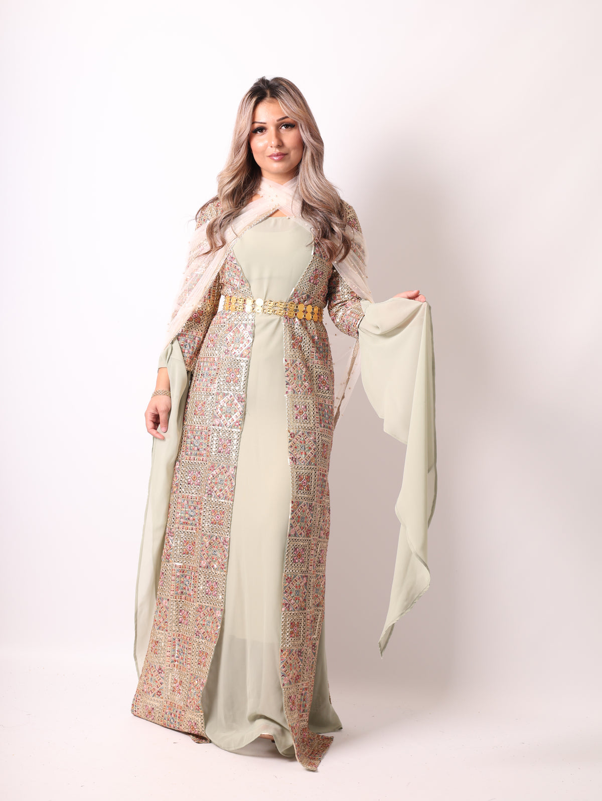 Cudi/Judi Kurdish Dress Green – Luxury Embroidered 4 -Piece Set Mint green including Dasmal