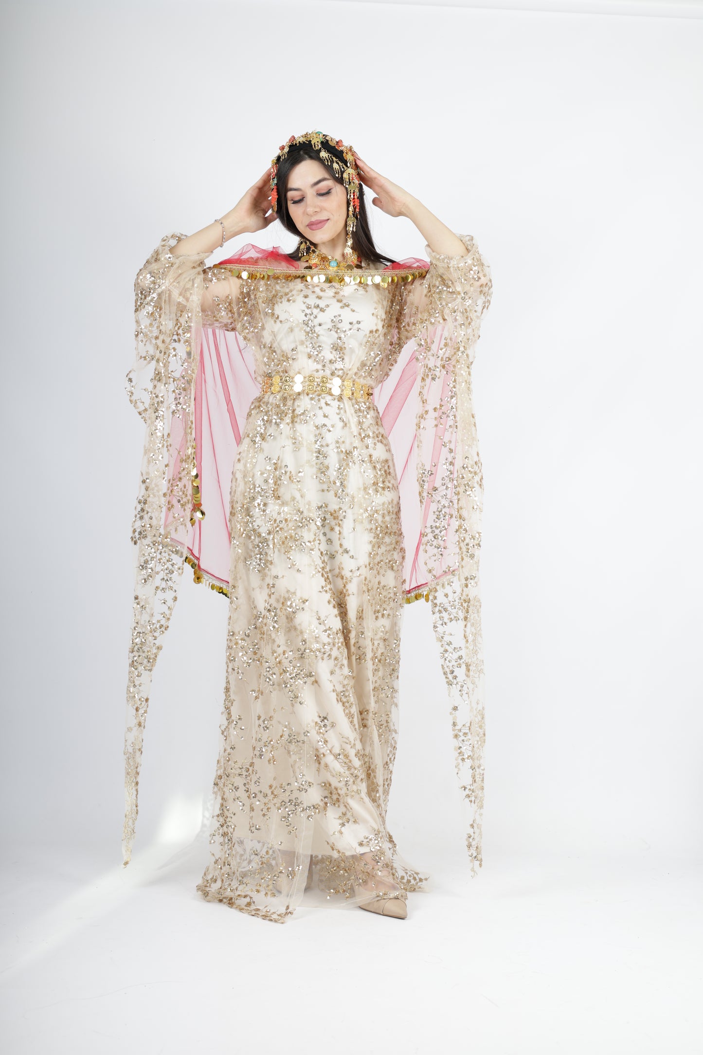 Shkofa Collection – Gold Sequin Embroidered Kras & Kawa and Red Kolwane