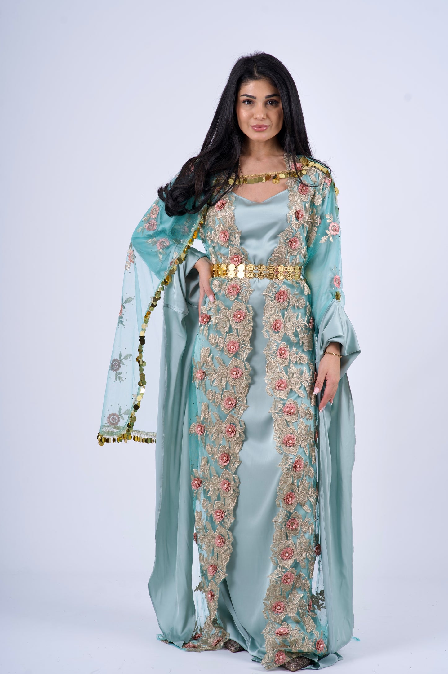 Turquoise Elegant 3-Piece Kurdish Clothing Set – Kawa, Kiras & Kolwane Golperîn