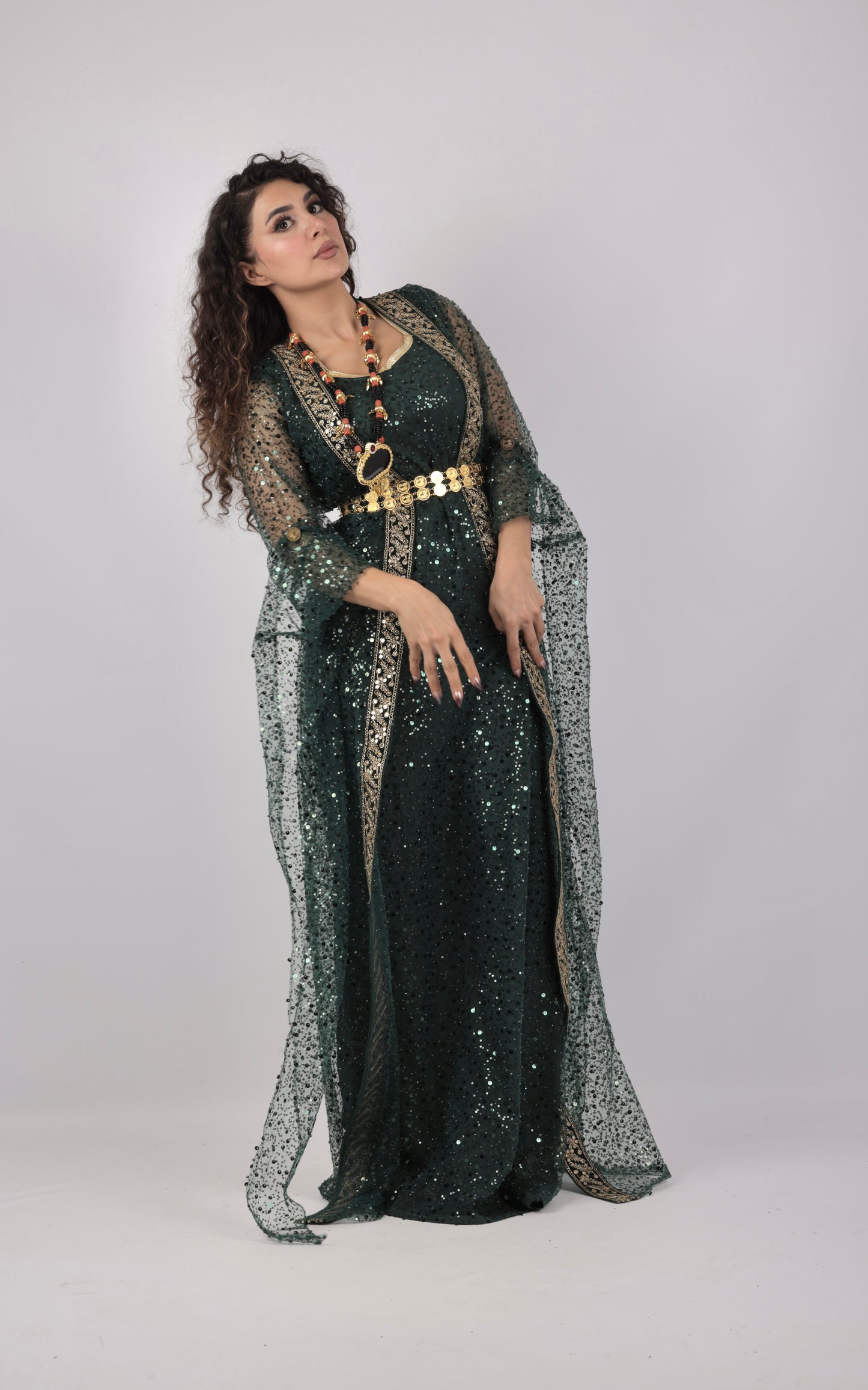 🌿 Dark Green Kurdish Kawa Dress with Embroidery (Includes Kras & Underdress