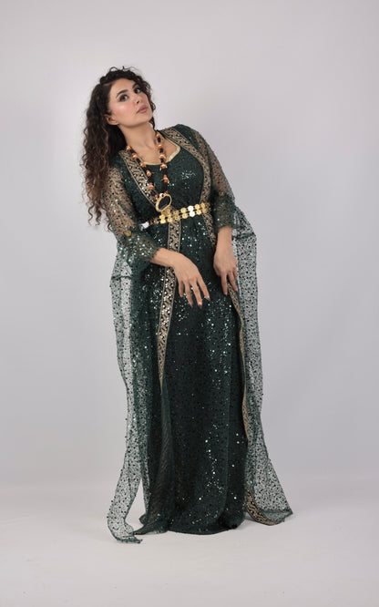 🌿 Dark Green Kurdish Kawa Dress with Embroidery (Includes Kras & Underdress
