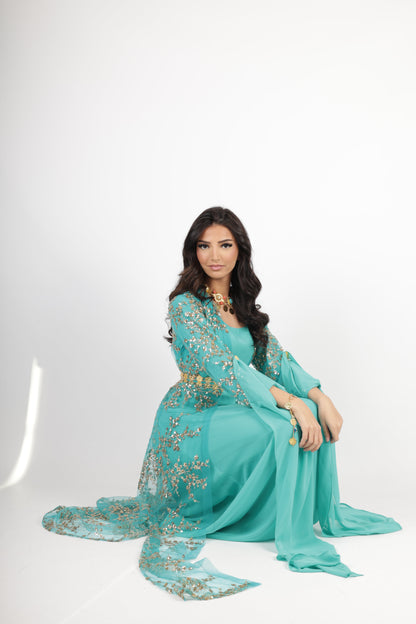 Shkofe Turquoise Gold – Traditional Kurdish Dress with Golden Embroidery 3 items ( kawa , kras, underwear)