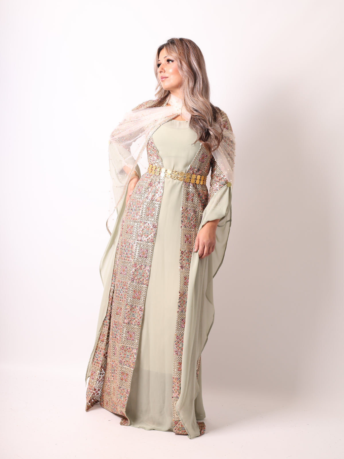 Cudi/Judi Kurdish Dress Green – Luxury Embroidered 4 -Piece Set Mint green including Dasmal