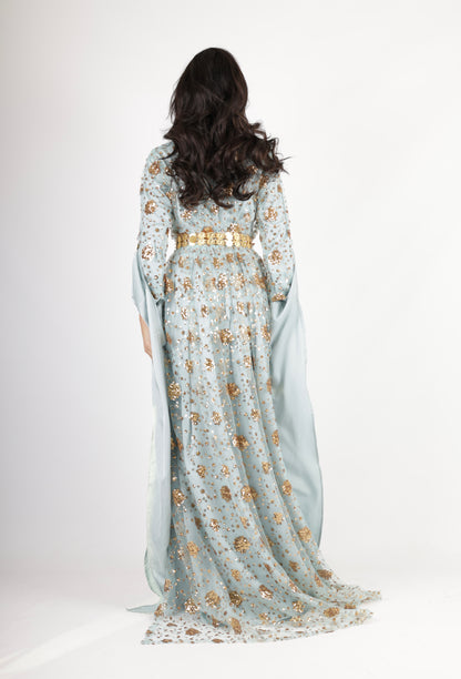 Chro Collection Badini Model – Blue Kurdish Dress with Golden Flowers (2-Piece Set)