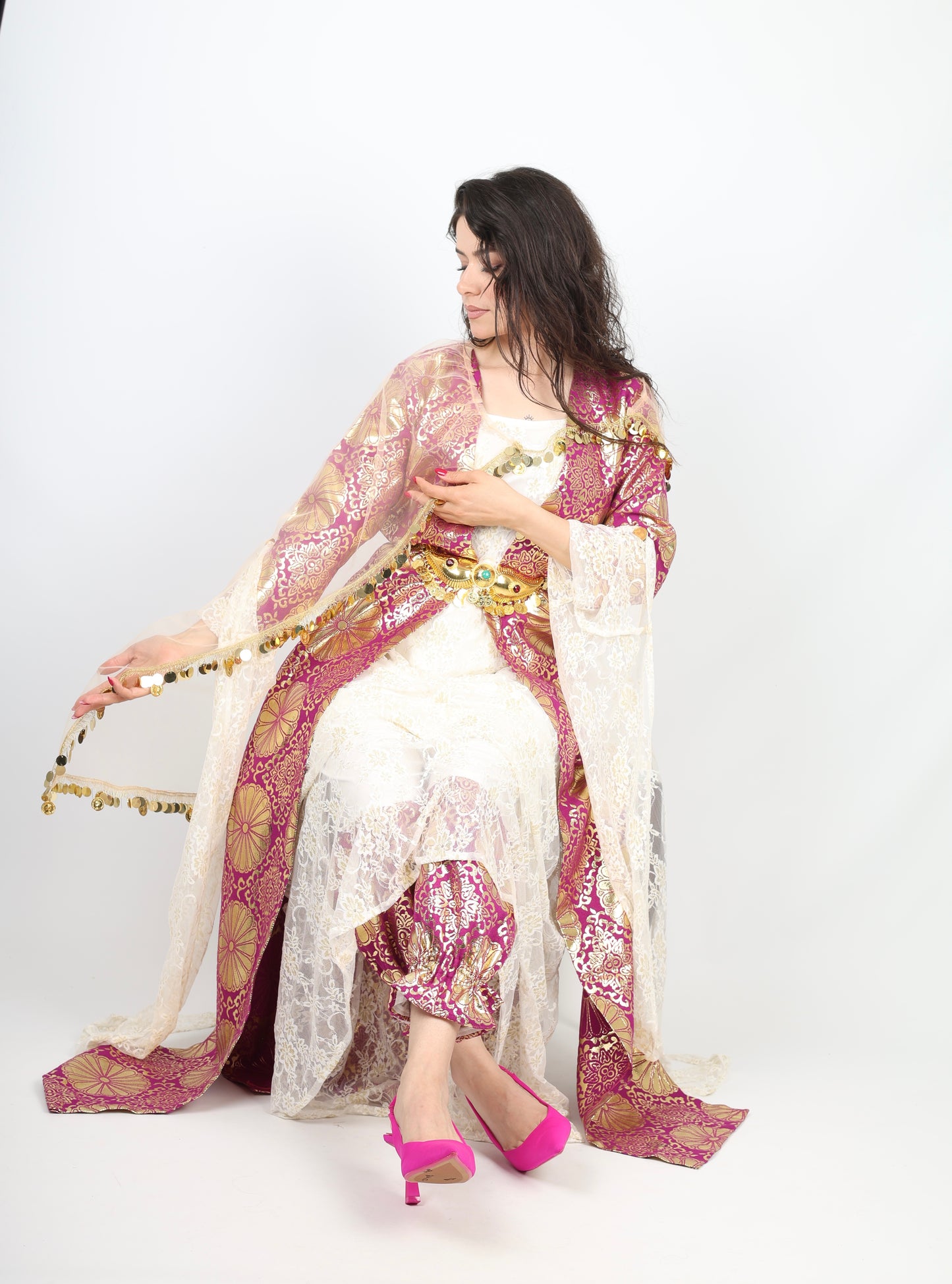 l💕Hafse Xan Collection – 4-Piece Kurdish Dress Set (Golden, Maroon with Off-White)