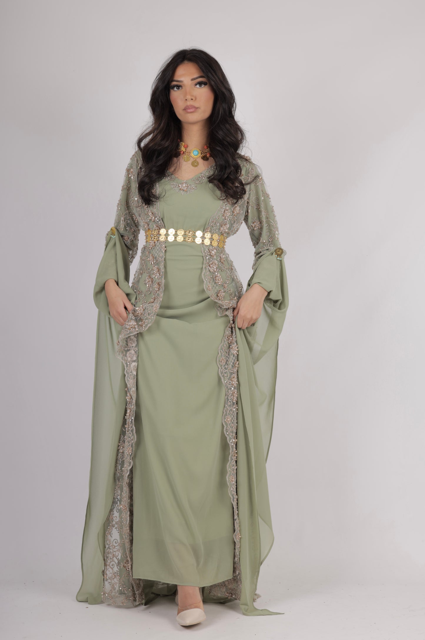 Awaz Kurdish Dress Light  Green  Golden  hand beaded