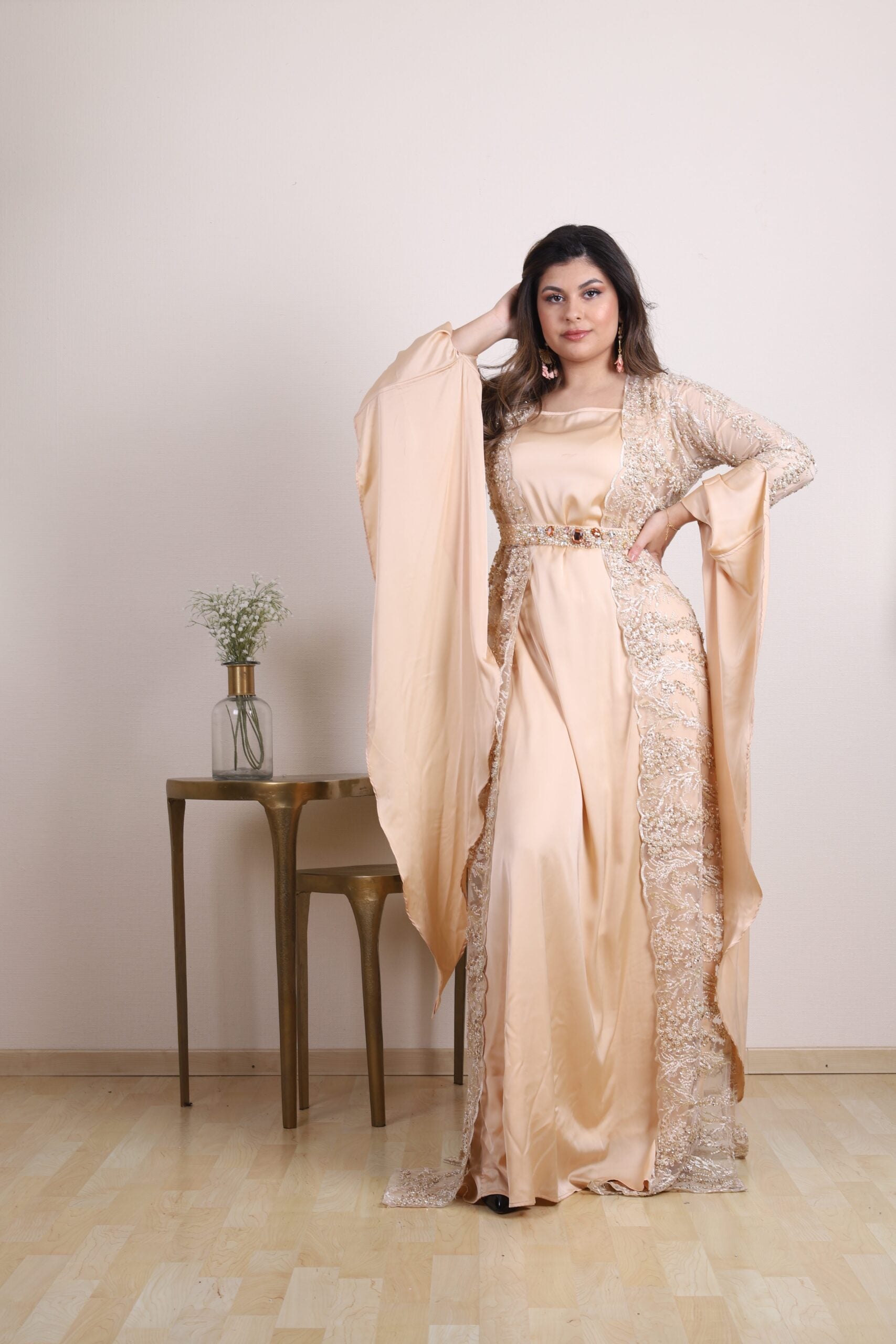 Luxury Hand Beaded peach Champagne set with beltKewsan textile and more Kurdish women, Kurdish clothes, Kurdische kleider