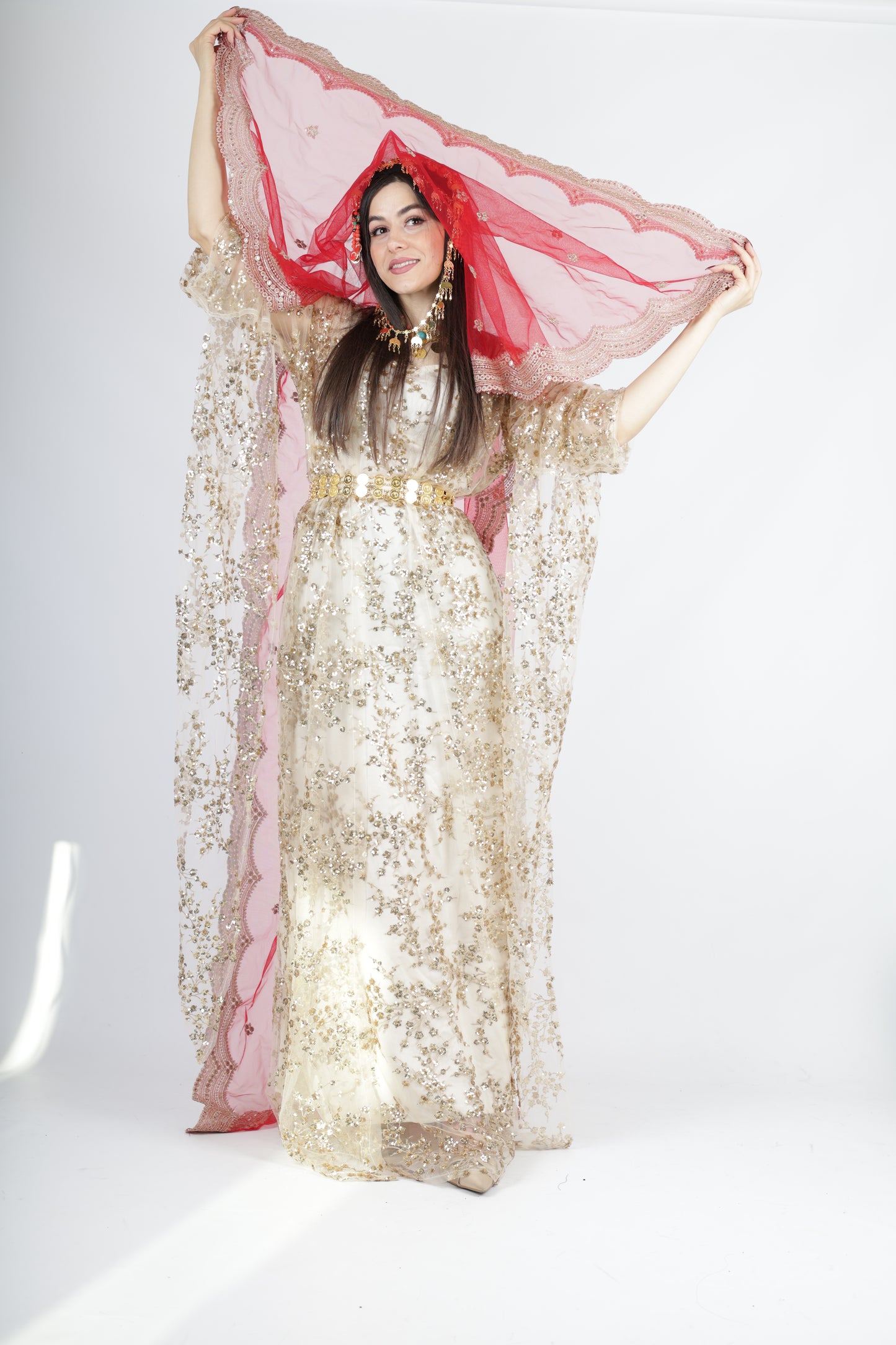 Shkofa Collection – Gold Sequin Embroidered Kras & Kawa and red long veil