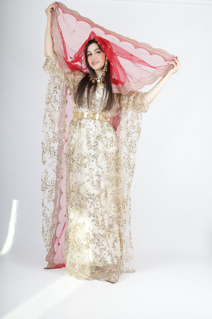 Shkofa Collection – Gold Sequin Embroidered Kras & Kawa and red long veil