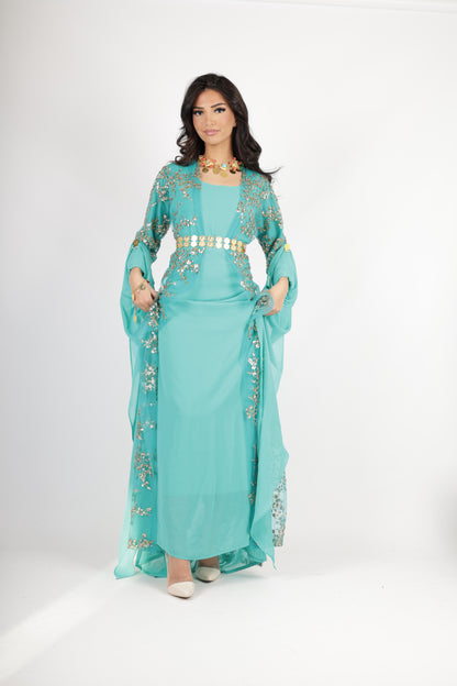 Shkofe Turquoise Gold – Traditional Kurdish Dress with Golden Embroidery 3 items ( kawa , kras, underwear)