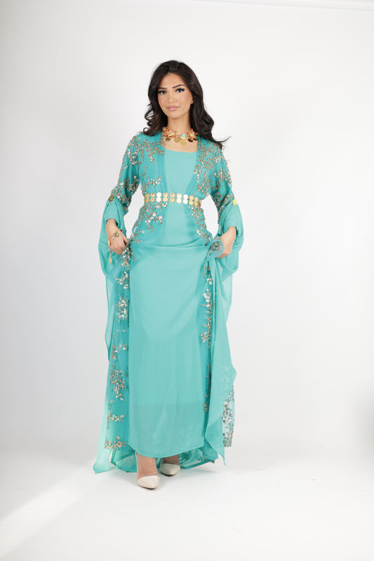 Shkofe Turquoise Gold – Traditional Kurdish Dress with Golden Embroidery 3 items ( kawa , kras, underwear)