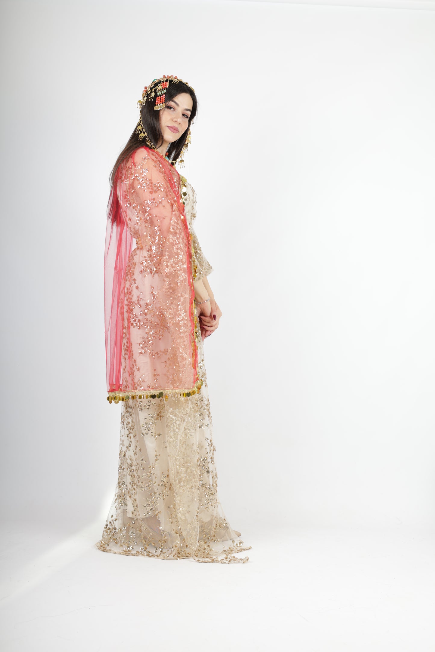 Shkofa Collection – Gold Sequin Embroidered Kras & Kawa and Red Kolwane