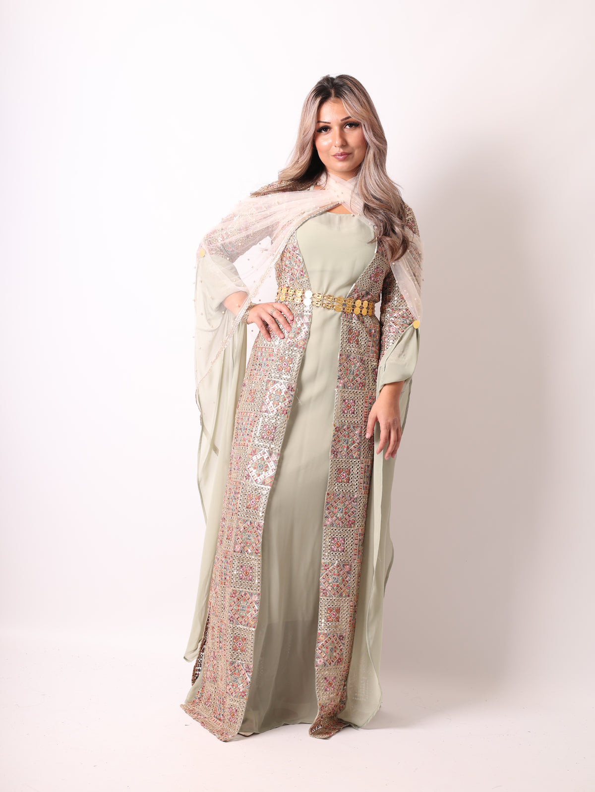 Cudi/Judi Kurdish Dress Green – Luxury Embroidered 4 -Piece Set Mint green including Dasmal