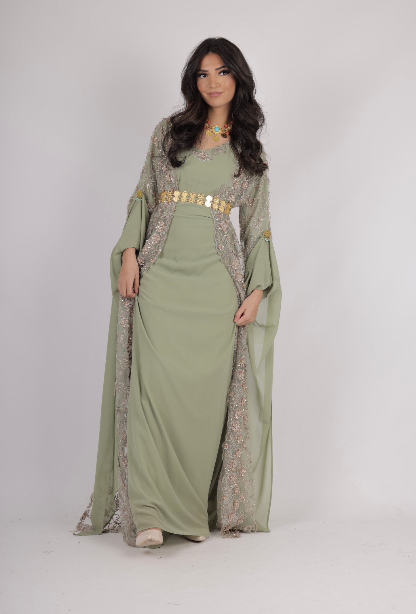 Awaz Kurdish Dress Light  Green  Golden  hand beaded