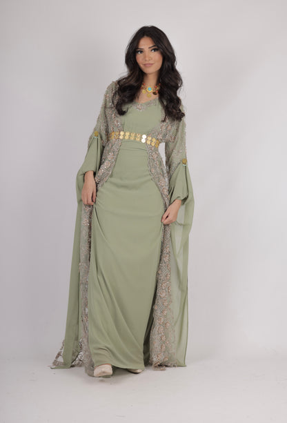 Awaz Kurdish Dress Light  Green  Golden  hand beaded