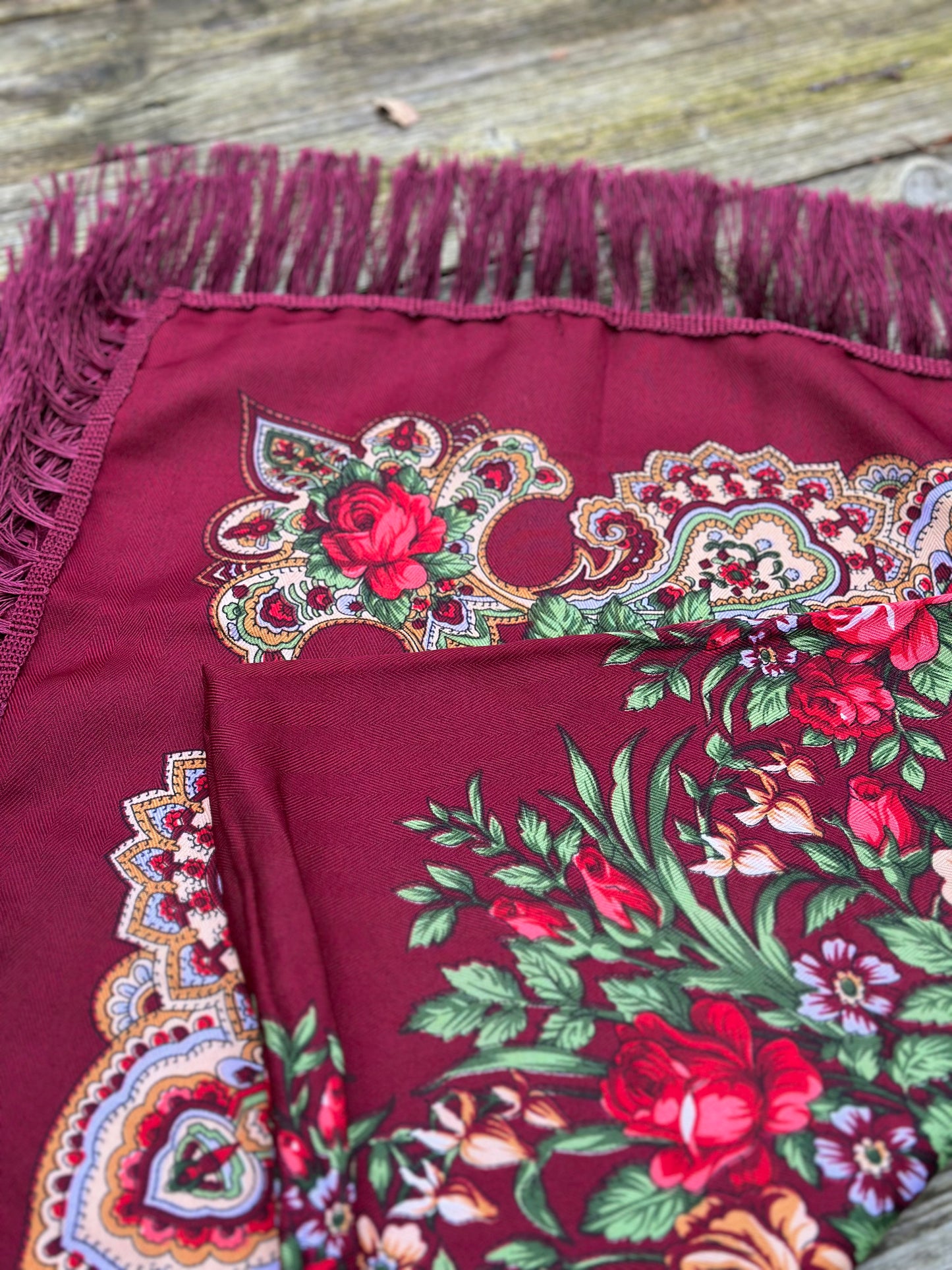 Red Wine Floral Scarf | 110x110 cm | Luxurious Soft Touch with Tassels