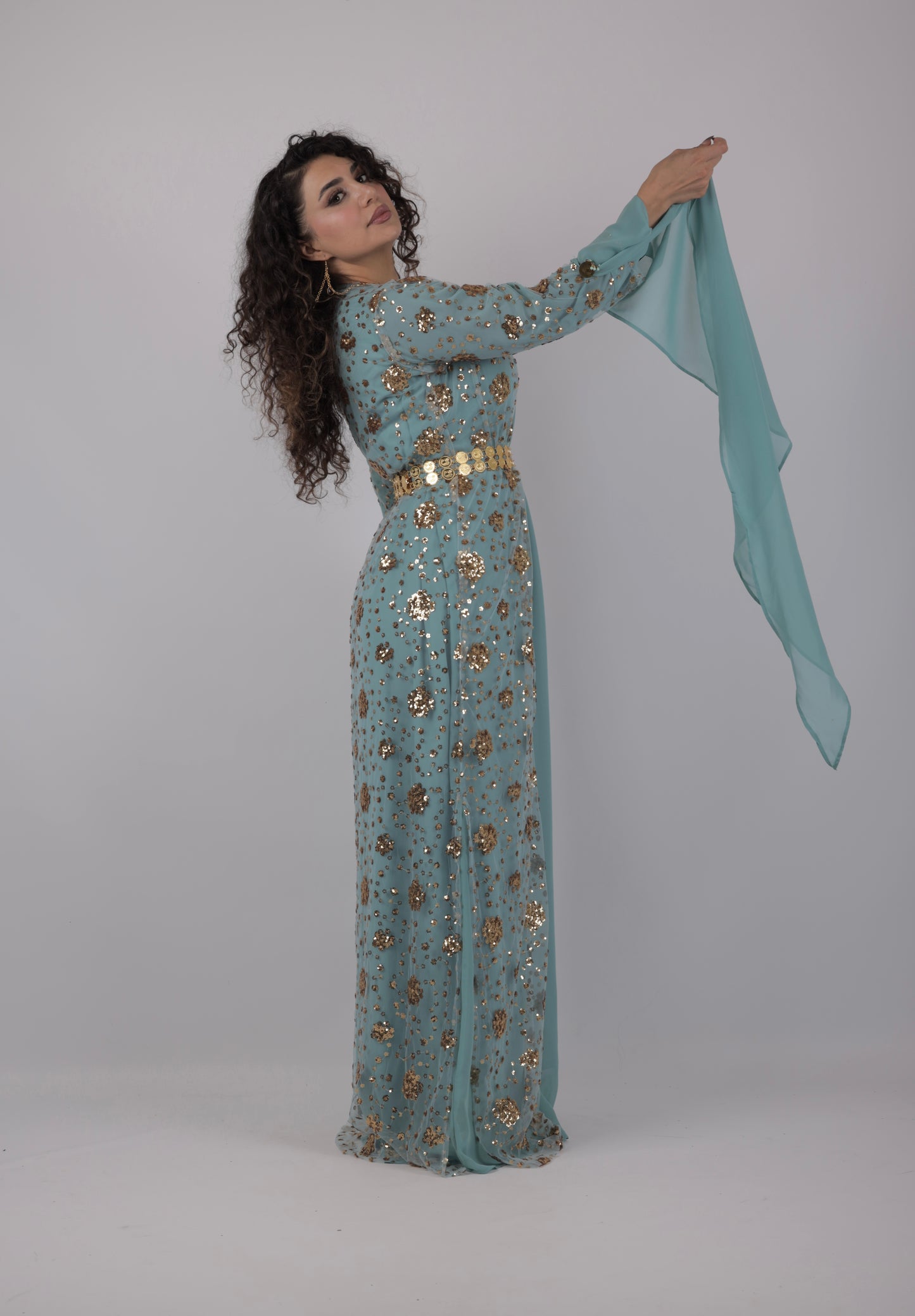 Chro Collection – Sky Blue Kurdish Dress with Golden Sequin Flowers ( 3 items)