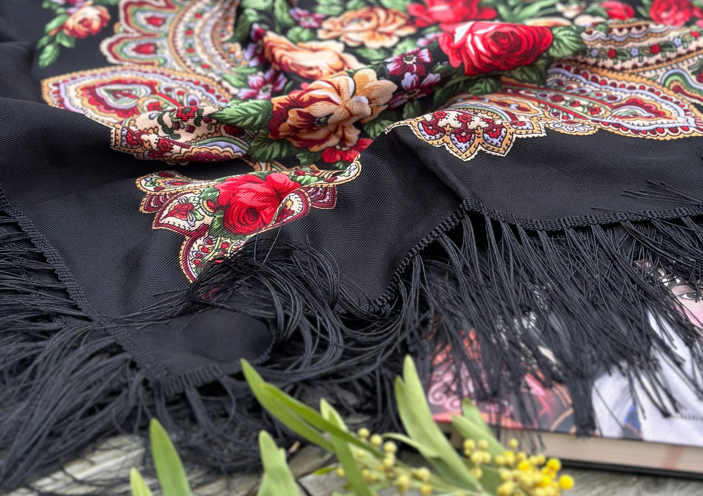 Classic Black Floral Scarf | 110x110 cm | Luxurious Soft Touch with Tassels