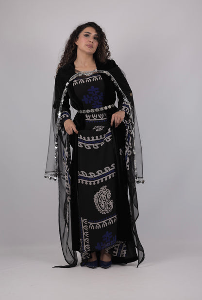 Golwanî, Hawrî Kiras & carbon blue  with kawa Velvet – Traditional Kurdish 4 Piece Dress