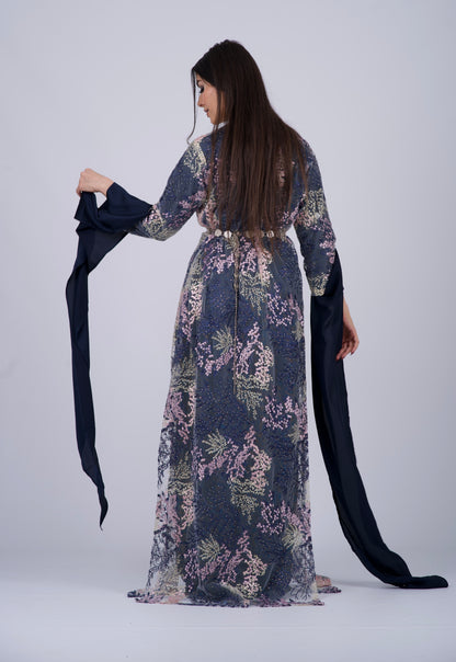 Baxan Collection Navy blue – Elegant Mesh Embroidered Kurdish Dress with Satin Silk Kiras