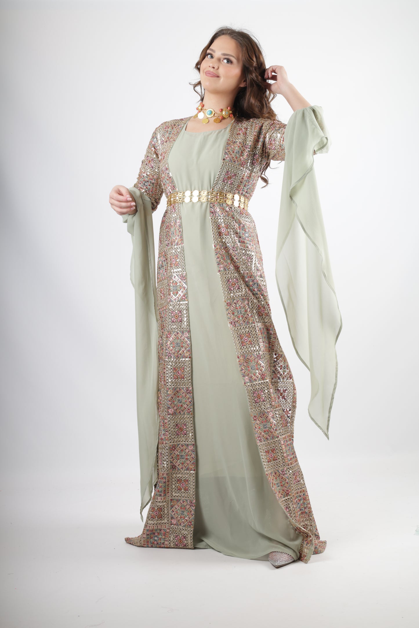 Cudi Kurdish Dress Green – Luxury Embroidered 3-Piece Set Mint green