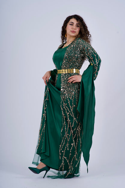 Elegant Green Kurdish Dress – Golden & Crystal Embroidery | Perfect for Newroz & Henna Nights