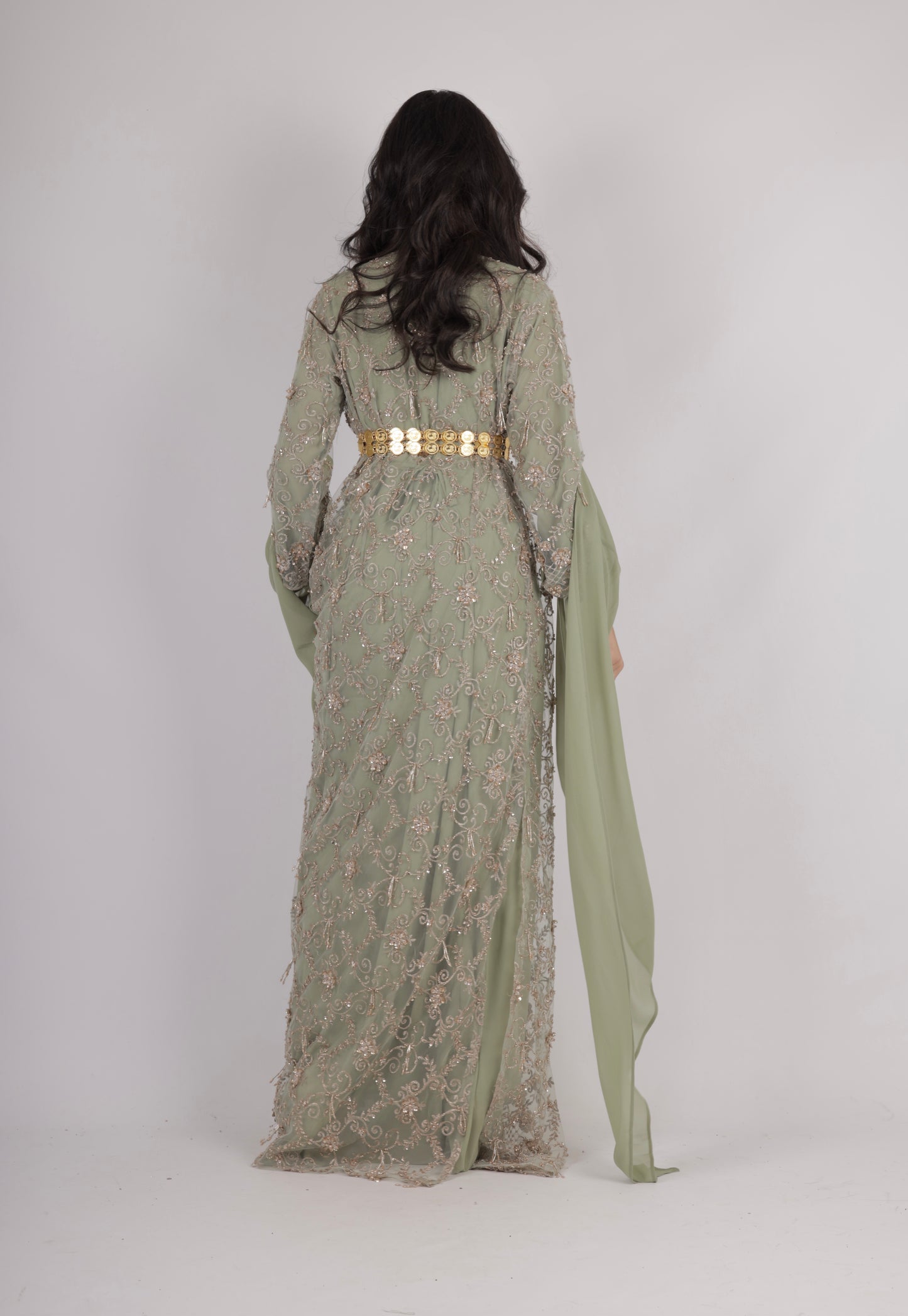 Awaz Kurdish Dress Light  Green  Golden  hand beaded