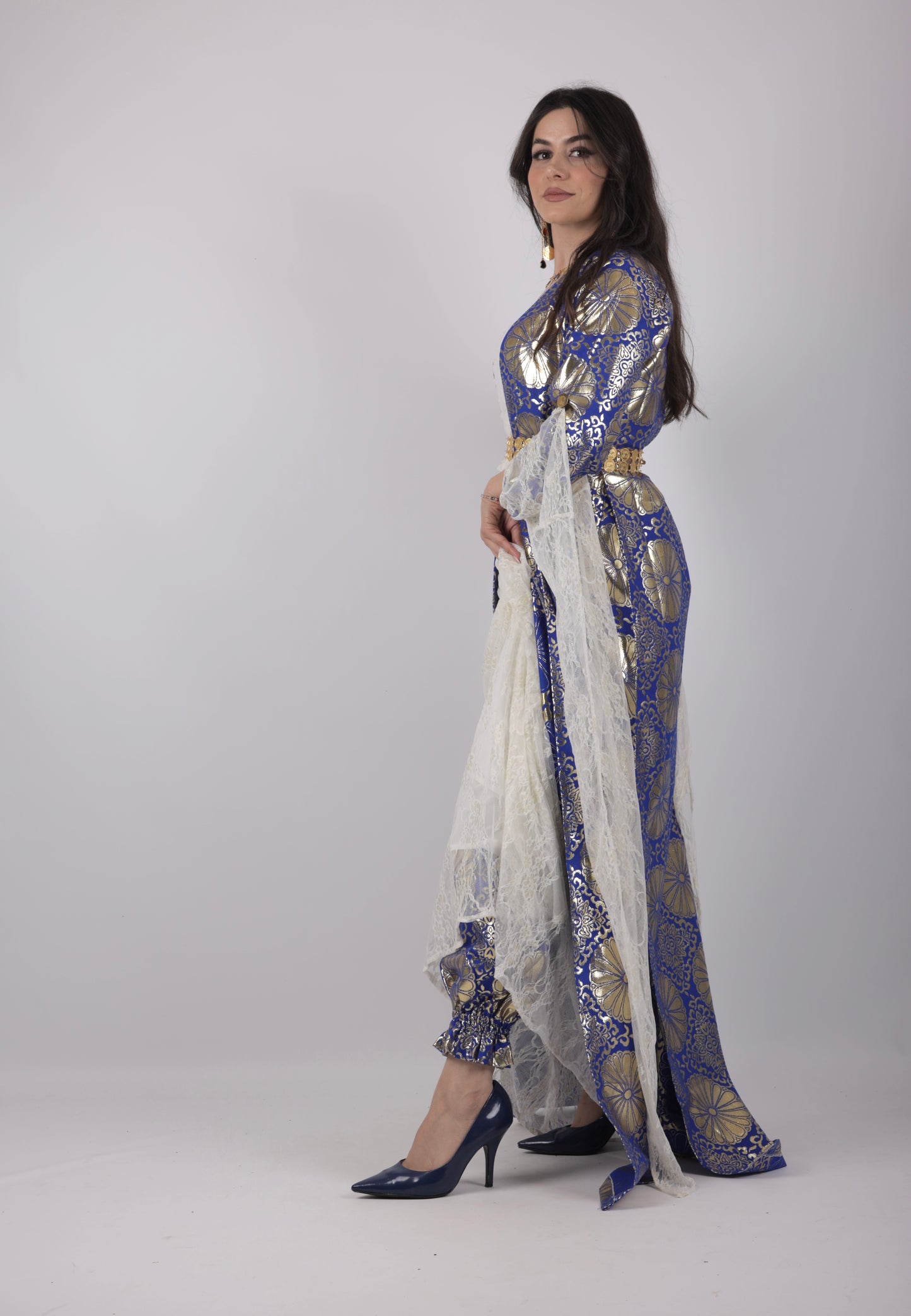 💙Hafse Xan Collection – 4-Piece Kurdish Dress Set (Golden, Carbon Blue Off-White)