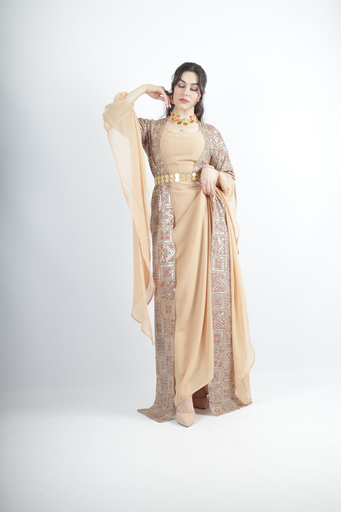 Cudi Kurdish Dress Green – Luxury Embroidered 3-Piece Set Mint green peach
