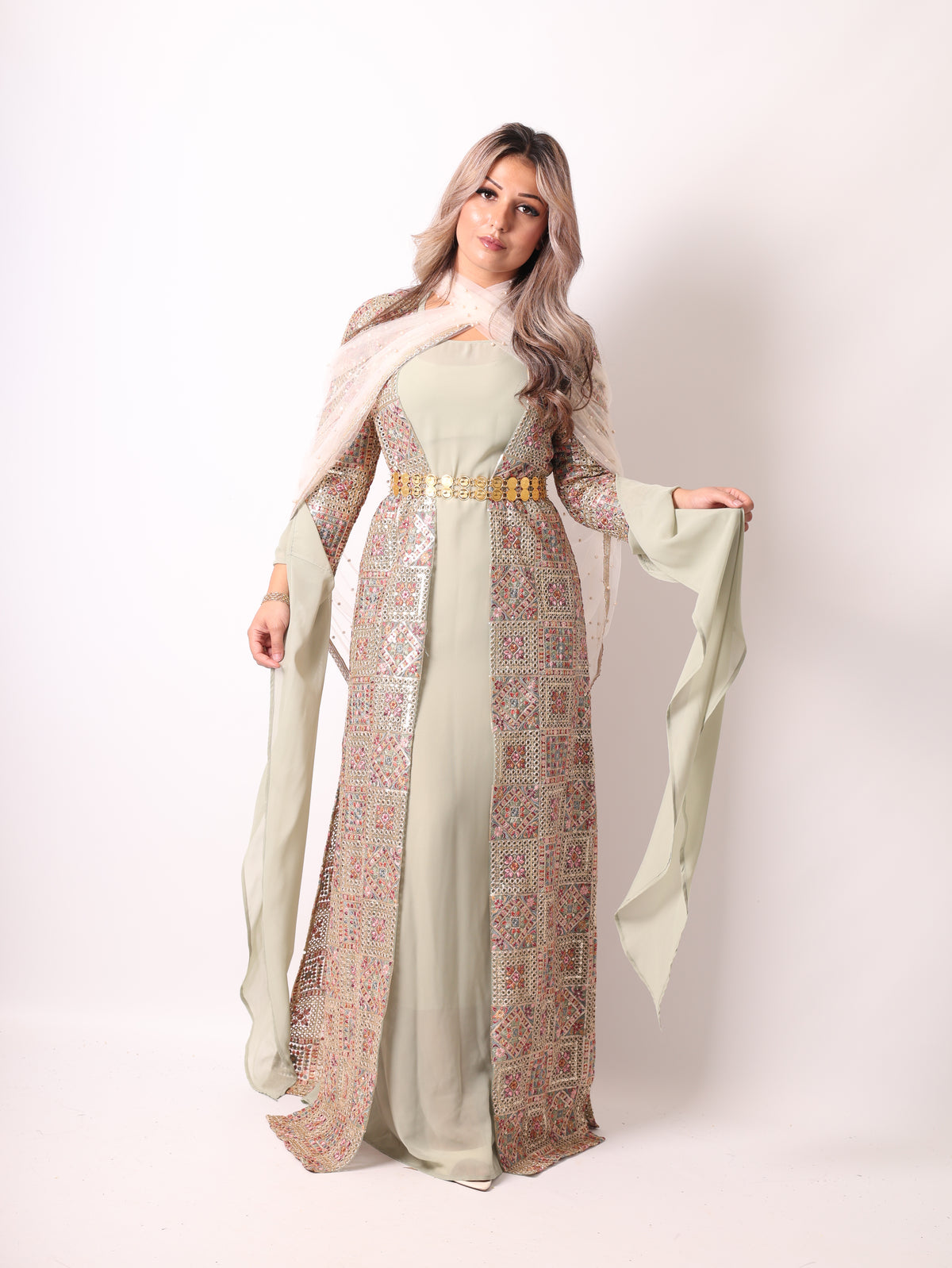 Cudi/Judi Kurdish Dress Green – Luxury Embroidered 4 -Piece Set Mint green including Dasmal