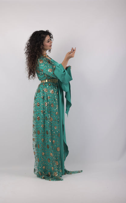Chro Collection –Badini Model Green Kurdish Dress with Golden Flowers (Badini Model, Celebrity Style) 2 items