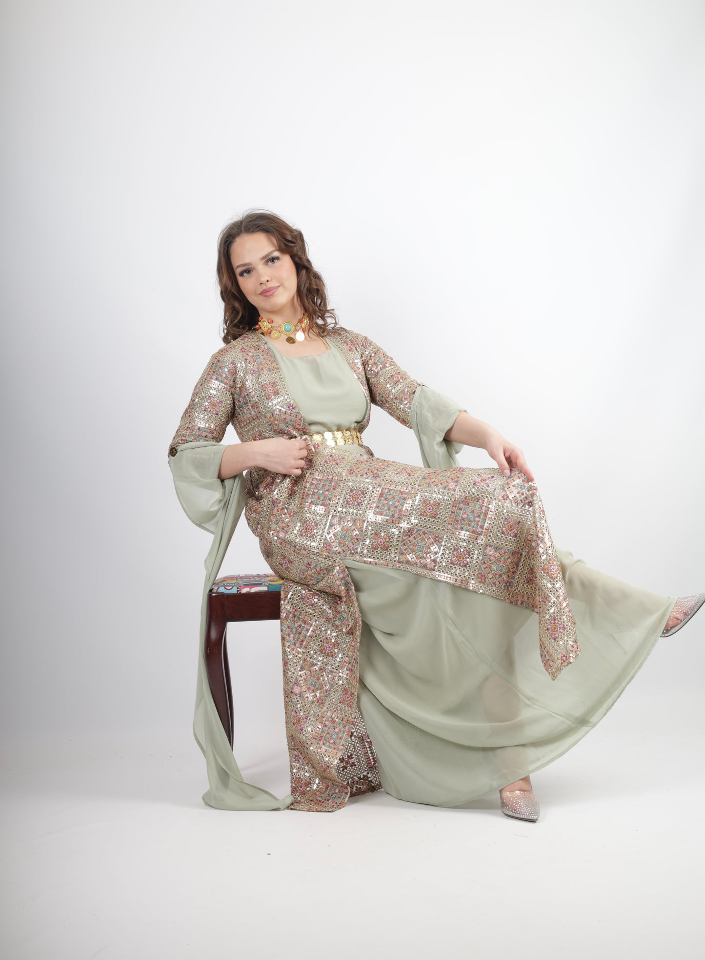 Cudi Kurdish Dress Green – Luxury Embroidered 3-Piece Set Mint green