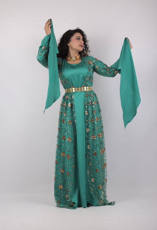 Chro Collection –Badini Model Green Kurdish Dress with Golden Flowers (Badini Model, Celebrity Style) 2 items