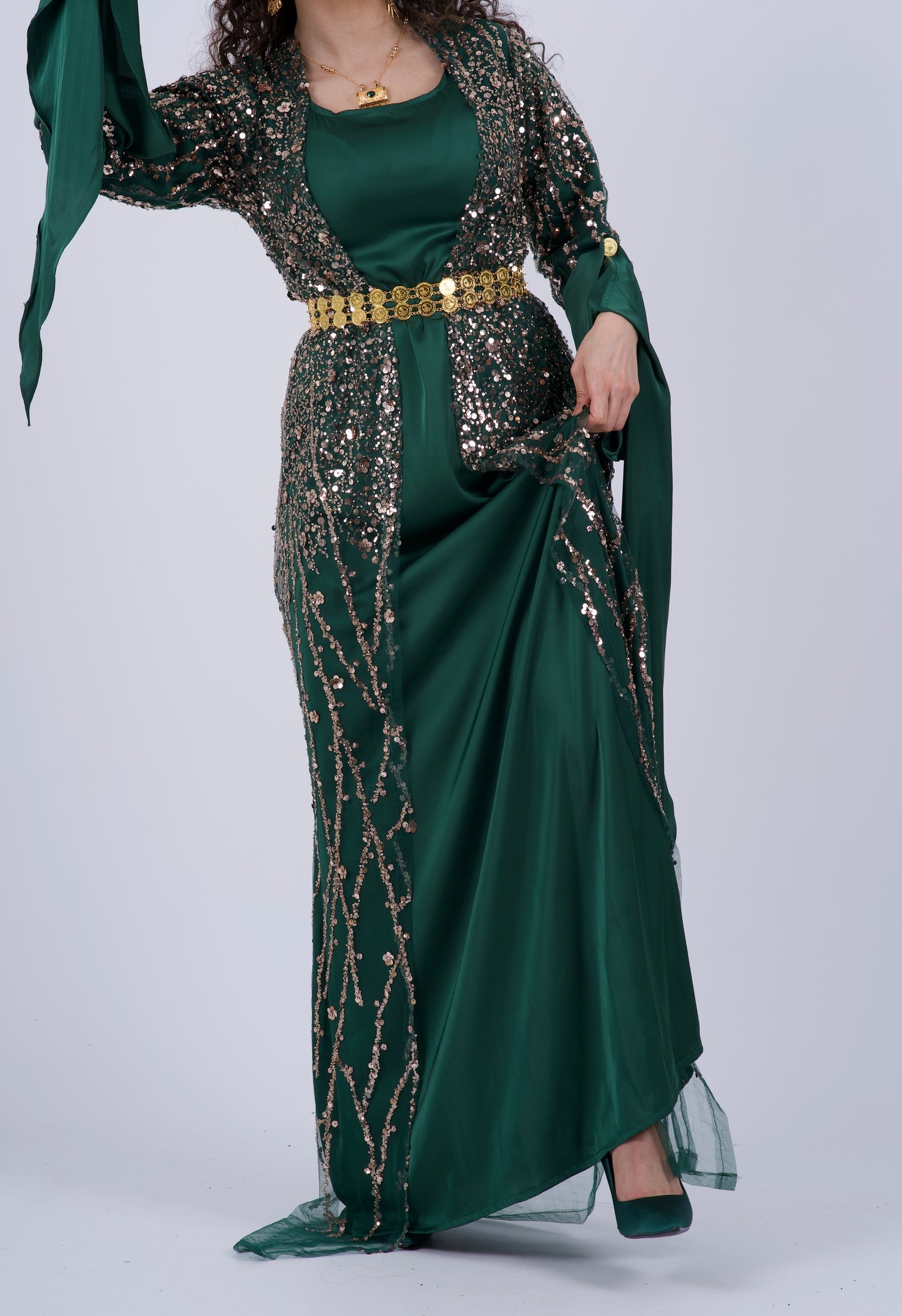 Elegant Green Kurdish Dress – Golden & Crystal Embroidery | Perfect for Newroz & Henna Nights