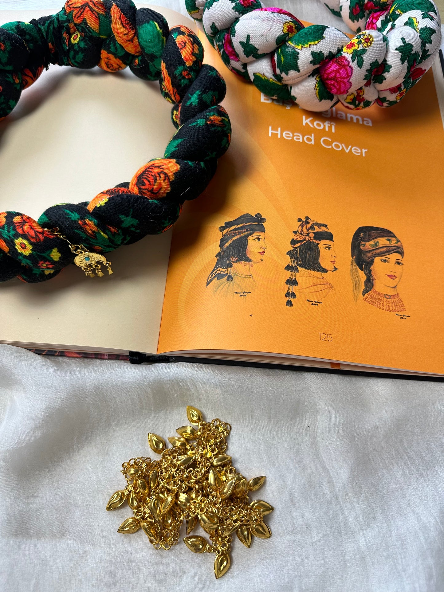 Kofi - Traditional Kurdish Head Accessory Black and Orange flowers -✨ Make It Your Own! ✨-✨ Make It Your Own! ✨